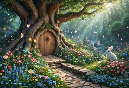 (Isekai anime style.Anime coloring.(0.9))In a whimsical world, a beautiful fairy garden blooms with vibrant flowers and sparkling fountains. A delicate, crystal bridge spans a gentle stream, leading to a majestic tree with leaves that shimmer like diamonds. A friendly, fluffy rabbit hops along the winding path, surrounded by fluttering butterflies and sweet, singing birds. The garden is filled with hidden treasures, like a tiny, glowing fairy door and a secret, shimmering cave. A soft, fluffy cloud drifts lazily across the sky, casting a warm, gentle shadow over the garden. The air is filled with the sweet scent of blooming flowers and the soft, soothing sound of gentle chimes. It's a peaceful, magical place where dreams come alive and wonder waits around every corner.master_class,master_piece,up_8,up_9,perfect beautiful,perfect beautiful early morning light.