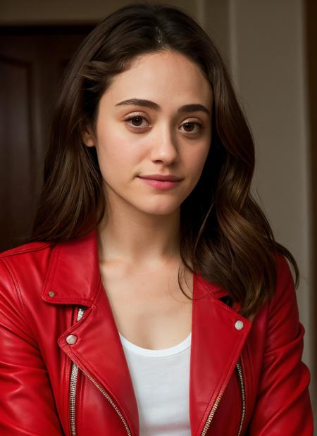 RAW photo, emmy rossum <lora:Emmy Rossum LoRA:0.65>, jealous, wearing Crimson Peplum Jacket, (high detailed skin:1.2), 8k uhd, dslr, soft lighting, high quality, film grain, Fujifilm XT3