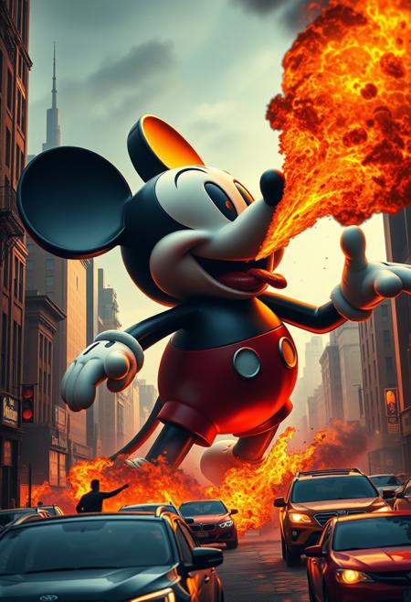 An epic move still, highly detailed, Giant Mickey Mouse destroying the city, breathing fire, crushing cars, eating people, gleeful, happy, evil, pure evil