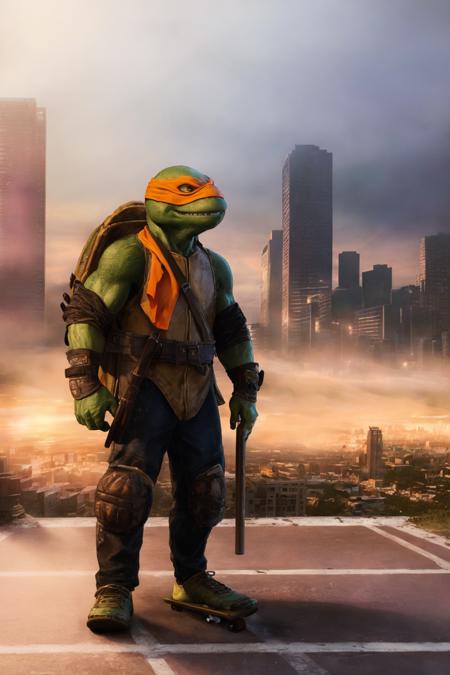 <lora:TMNTMichelangelo-11:0.8>(RAW photo, real life, absurdres, high quality, photorealistic, detailed, realistic:1.3), (solo:1.3), illustration, a high resolution photo of a TMNTMichelangelo, a teenage mutant ninja turtle with an orange bandana mask with eye-holes standing with his arms to his side holding a pair of nunchucks in his left hand, standing on a foggy morning city rooftop, skateboard on the back of his shell, foggy mist and faint shapes of city skyscrapes in the fog in the background, cinematic, atmospheric, 8k, realistic lighting, shot by Hassleblad H6D, Zeiss, Kodachrome, nikon, 50mm 1.2 lens, Octane Render, ultra realistic, realistic lighting, photorealistic, photorealism, photoreal, unreal engine 5, Adobe After FX, highly detailed, intricate detail