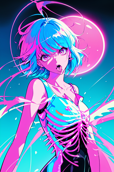 Neon Dreams, (masterpiece, best quality, ultra-detailed, highres, best illustration),perfect face, ((solo, solo focus, kawaii, neon rim lighting, neon back lights )),side lighting, epic, illustration, render, volumetric lighting, welcoming, see-through gossamer, lustrous skin,(bloom), (shine), 1girl, solo, looking at viewer, short hair, open mouth,shirt, blue hair, collarbone, upper body, pink hair, ahoge, short sleeves, earrings, tongue, tongue out, pink eyes, off shoulder, colored inner hair, x-ray, ribs, skeleton, bone, spine, skeleton print, specular highlights, neon theme, neon futurism, dynamic angle, dynamic pose,city background  <lora:Neon_Dreams:0.8>