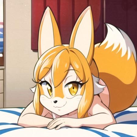 (masterpiece, official art, detailed face), tansau, 1girl, (furry, fox girl, orange skin), fox ears, fox tail, animal nose, solo, animal ears, smile, looking at viewer, yellow eyes, body fur, fox tail, pink panties, tail wagging, closed mouth, top-down bottom-up, indoors, <lora:tansau-10:1.0>