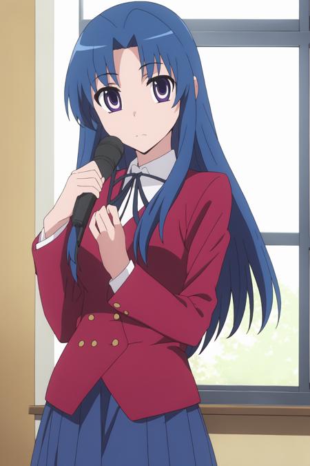 ((best quality)), ((highly detailed)), masterpiece, absurdres, detailed face, beautiful face, (detailed eyes, deep eyes), (1girl), ((dynamic pose)), <lora:Ami:0.8>, Ami, 1girl, oohashi high school uniform, solo, school uniform, long hair, blue hair, skirt, blue eyes, pleated skirt, jacket, holding, blue skirt, neck ribbon, ribbon, standing, red jacket, bangs, black ribbon, looking at viewer, shirt, closed mouth, long sleeves, white shirt, parody, indoors, blazer, parted bangs, collared shirt, purple eyes, expressionless, window,