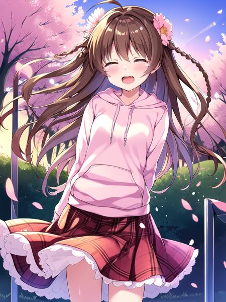 (masterpiece),(best quality),(extremely detailed),illustration, ((solo)),
1girl, braid,twin braids,long hair, hair ornament, close eyes, brown hair, hair flower,flower,ahoge,
(lightpink hoodie),(red plaid skirt),(long skirt),(young girl),crying,((close eyes)),(arms behind back),blush,
cherry blossoms,blue sky, sky,upper body, outdoors,petals,(sunset), tree, facing viewer, wind, bangs, <lora:kotori:0.8>,kotori,