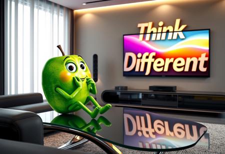 In a sleek, modern living room, an anthropomorphic green apple with expressive features—arms, legs, and a curious face—sits comfortably on a stylish, futuristic glass and chrome coffee table. The green apple has large, thoughtful eyes, with a small smile, as it intently watches a large wall-mounted TV. On the screen, an Apple computer commercial plays, featuring sleek products and bright, vivid colors in Apple’s signature minimalist style. The apple seems engrossed, almost as if reflecting on the innovation showcased.
The apple’s hands rest on its chin as if deep in thought, and one leg dangles off the edge of the table, creating a relaxed, yet intrigued posture. Behind the apple, a giant, meticulously designed cardboard sign with “Think Different!” written in bold, artistic typography hangs prominently on the wall. The sign is highly detailed with intricate, laser-cut designs and elegant curves, blending luxury with creativity. Its colors shift in subtle gradients, and it features metallic accents that catch the light from the TV’s glow.
The room itself is a mix of modern and tech-inspired decor—smooth concrete walls, ambient LED lighting, a soft leather sofa, and minimalistic furniture pieces, all bathed in the soft glow of the commercial. The apple’s glossy green skin reflects the light, and its form is seamlessly integrated into the futuristic, tech-savvy environment, as if personifying the fusion of nature and innovation.