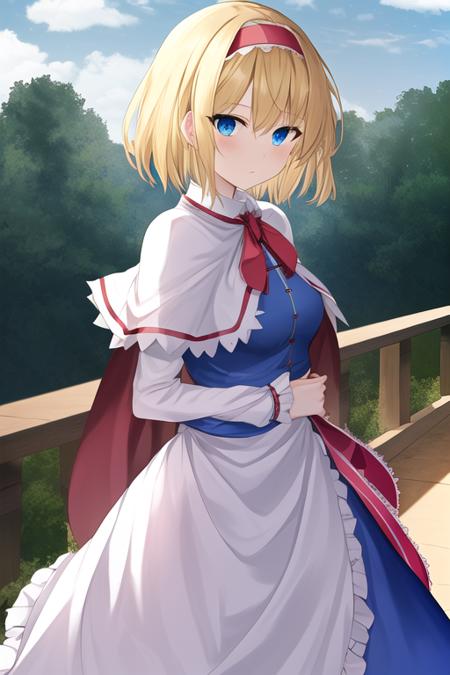 masterpiece, best quality, highres, solo, {alice_margatroid_touhou:1.10}, blonde_hair, short_hair, hairband, blue_eyes, capelet