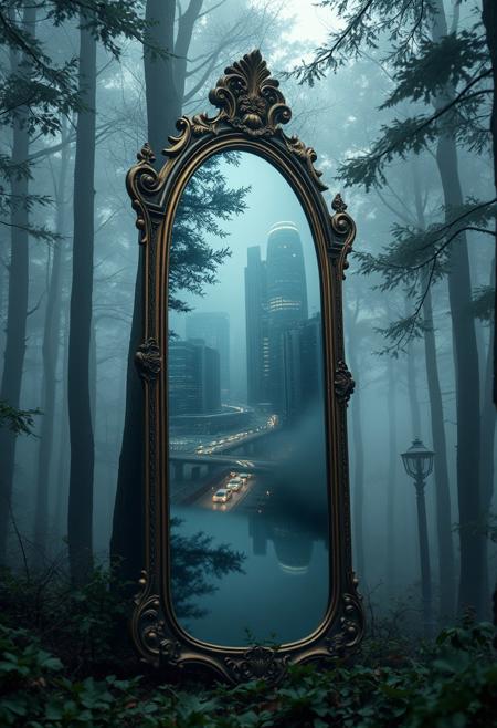 A freestanding, antique mirror sits in a dense, foggy forest, (but instead of reflecting the forest, it shows an entirely different world:1.4). Inside the mirror, a futuristic cityscape with flying vehicles and glowing skyscrapers pulses with life.Hyperrealistic glass textures, intricate alternate realities, and dramatic atmospheric effects.