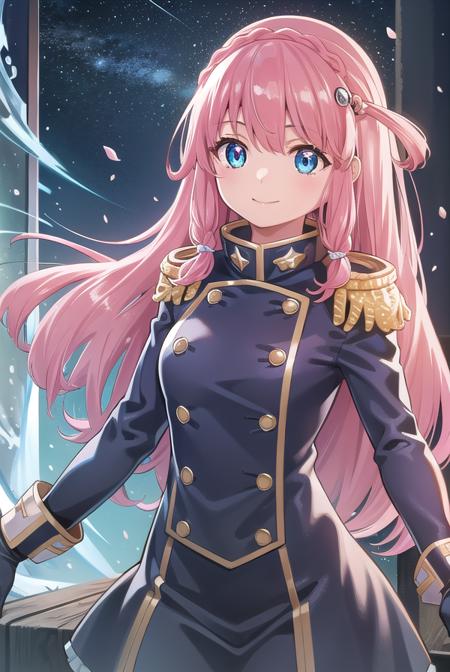 neiookawamura, <lora:nei ookawamura manga-lora-nochekaiser:1>,
nei ookawamura, long hair, blue eyes, hair ornament, pink hair, braid, smile,
BREAK gloves, boots, belt, skirt, uniform, military, military uniform, epaulettes,
BREAK outdoors, space, starry sky, star \(sky\), moon,
BREAK looking at viewer, (cowboy shot:1.5),
BREAK <lyco:GoodHands-beta2:1>, (masterpiece:1.2), best quality, high resolution, unity 8k wallpaper, (illustration:0.8), (beautiful detailed eyes:1.6), extremely detailed face, perfect lighting, extremely detailed CG, (perfect hands, perfect anatomy),