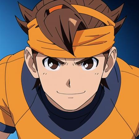 <lora:Mark Evans:0.7>,Mark Evans,head band,orange football uniform,brown hair,smirk,brown eyes,goal keeper gloves,standing infont of a goal,blue demon behind him