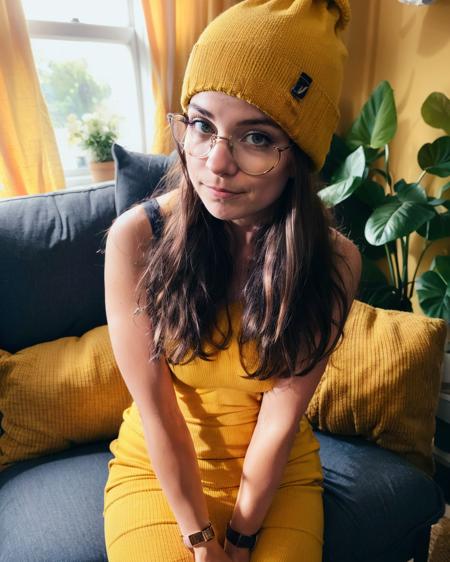 Nastassja Strobel, photo of nasti, yellow beanie, sitting on chair,   (8k, RAW photo, best quality, masterpiece:1.2),ultra-detailed, (high detailed skin:1.2), 8k uhd, dslr, soft lighting, high quality,    <lora:Nastassja_Strobel_v2:0.8>   <lora:Model-EX_Enhancer:1>