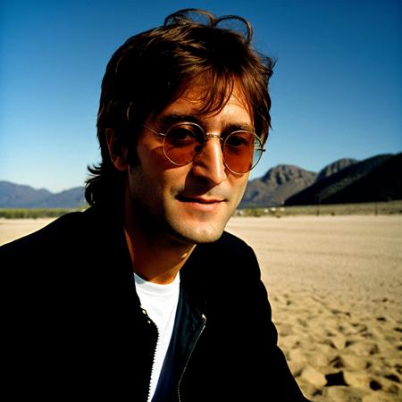 instagram photo, closeup photo of a skinny john lennon wearing dark sunglasses in a dark landscape, (smile:0.4), hard shadows