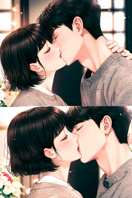 Concept art,love themes,illustrations,1girl,1boy,hetero,black hair,closed eyes,flower,couple,kiss,upper body,medium hair,short hair,sweater,imminent kiss,indoors,blurry,hand on another's face,bangs,<lora:dibian2:0.8>,