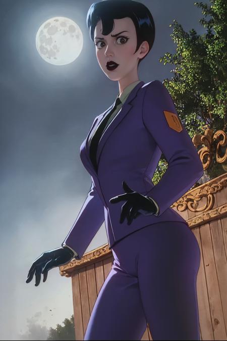 (masterpiece, best quality:1.2), <lora:mistress_pavlov:1>, mistress pavlov, 1girl, solo, formal, lipstick, gloves, suit, black hair, short hair, necktie, breasts, large breasts, makeup, black gloves, looking at viewer, forest, full moon, night, night sky, fog, outdoors,