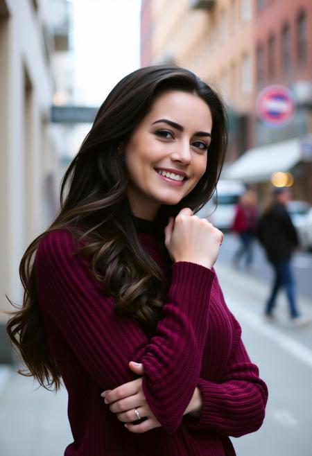 a brunette woman wearing a maroon sweater,she is beautiful,she is smiling in a sexy way, professional photo shoot, urban settings, DSLR, film