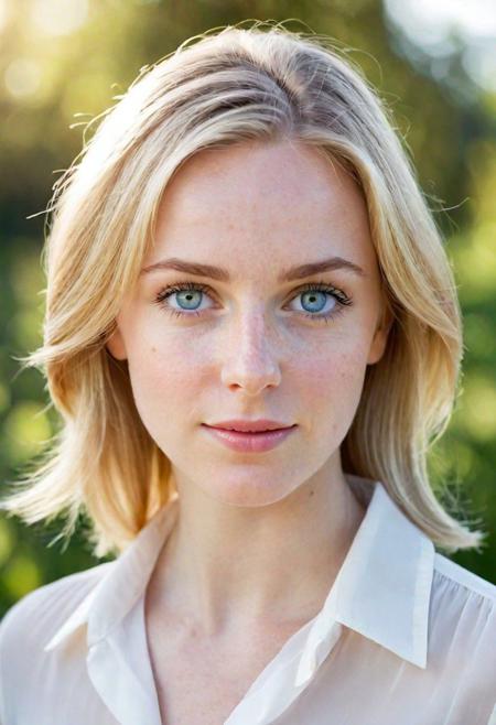 portrait of a s0phia_n0texist with fair complexion and straight, shoulder-length blonde hair, lighting is soft and natural, gentle glow on her face, subtle bokeh effect in the background, pale pink skin tone with freackles, pale blue eyes, looking the camera with neutral expression. Wears a semi-transparent white blouse, light airy feel. Natural outdoor background, muted colors, warm tones palette of her skin and the soft whites of her blouse, juxtaposed against the cooler greens and natural browns of the background. gentle and organic, with the soft roundness of her face, the straight lines of her hair, blurred background, contemplative. Her eyes are of a light hue, possibly blue or light gray, characterized by a soft, introspective gaze. They are framed by light eyelashes that appear natural and understated. There's a clarity to her eyes that stands out against her fair skin, which shows a natural complexion with subtle variations in tone. Her skin exhibits a smooth texture with a porcelain quality, almost translucent under the soft light, which accentuates her delicate features. The sunlight seems to enhance the faintest freckles across the bridge of her nose, adding character to her visage. The lighting gives her skin a luminous quality, with a gentle interplay of light and shadow that outlines her facial structure without harsh contrasts.
