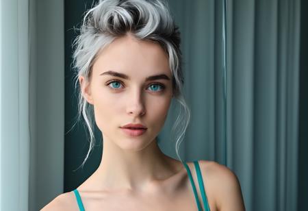 selfie, 1girl, solo, realistic 24 year old, flat chest, Grey messy hair, caucasian, teal eyes, fair skinned, best quality, RAW photo, subject, 8k uhd, high quality, photorealistic, prosperous, fair-skinned female, pale skin, affluent, affluent, Exquisite, shot on 70mm, luxurious, Through a window shot <lora:selfieXLrd:0.8>