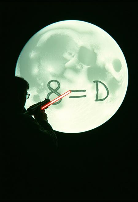 candid velvia photograph of a mad scientist from 1966, shooting a laser gun at the full moon, using the laser beam to molt rocks on the moon to write the text "8==D" on the surface of the Moon.