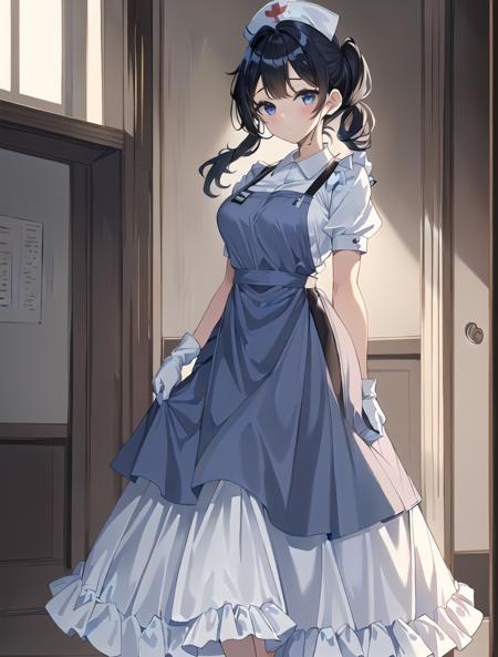 ((masterpiece, best quality, high quality)),1girl, (lower body, hospital), <lora:Long Nurse Apron 1:0.6> (nurse_uniform_long_3, gloves, apron, nurse cap, nurse,long dress), <lora:Kaede Sakata:0.7> (1girl, 3dcg 07, black hair, blue eyes, curtained hair, kaede sakata, low twintails, medium breasts, parted bangs, ponytail, short hair, solo, twintails),