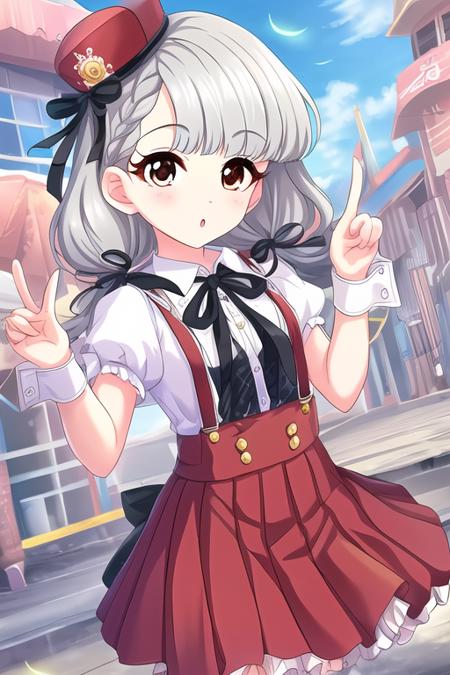 Hisakawa Nagi, 1girl, :o, black ribbon, blue flower, blush, braid, braided bangs, brown eyes, brown flower, collared shirt, crown, dress shirt, flower, grey hair, hair over shoulder, hair ribbon, hands up, hat, hat flower, looking at viewer, low twintails, mini crown, mini hat, parted lips, pleated skirt, puffy short sleeves, puffy sleeves, red headwear, red skirt, ribbon, shirt, short sleeves, skirt, suspender skirt, suspenders, tilted headwear, twintails, v over eye, white shirt, wrist cuffs
 <lora:deresute-v1.2:1>