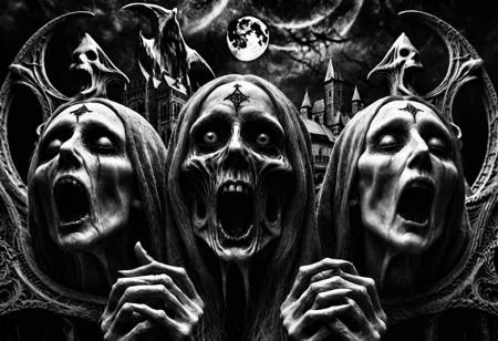 Raw cinematic Escher style GhostlyStyle horror nightmare terrible mystery gothic dark blackmetal style xerox black and white  Photorealistic surrealistic hyperdetailed  mystical place, stone grotesque ugly amorphous androgynous figures, moonshine, noir, grotesque, extreme perspective distortion, ultrasharp and contrast, award winning photo, cinematic composition, high quality, sharp and details