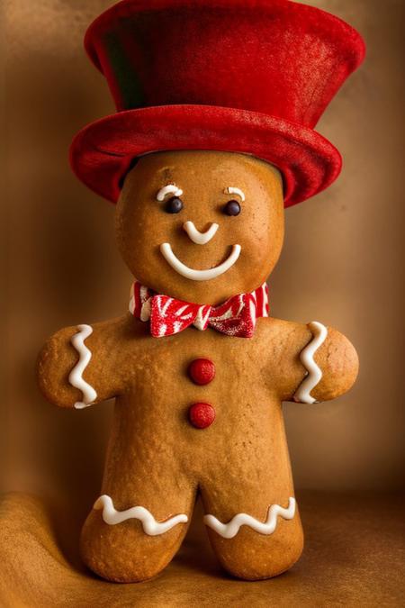 Gingerbread_Man, food, cookie, food focus, no humans, an extremely gritty detailed HD 8K photograph of a gingerbread man standing in a mixing bowl filled with frosting, he's laughing and wearing a very very very very tall candycane tophat, extremely happy and silly