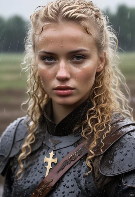 ((full-body photo)), nsfw, sexualised female polish knight, juicy lips, wet curly blonde hair, perfect beautiful face, slavic armour style, fur, sword, freckles, grimy battlefield, raining, detailed hair, detailed face, detailed lustful eyes, sexy expression, sweat, muddy ground, nsfw
