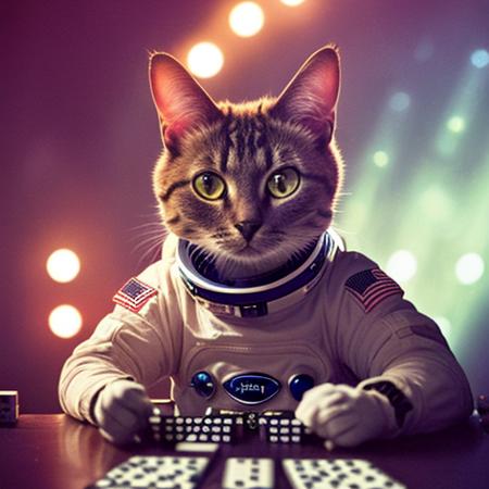 a space cat playing dominoes, wearing a space suit, studio lights by vogue, (ultra photorealistic:1.3) analog style