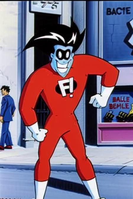 <lora:Freakazzoid:0.8>1boy, black hair, blue skin, clenched hands, full body, grin, male focus, parody, red shirt, simple background, solo, on the street, cartoon, screenshot from the 1983 film,