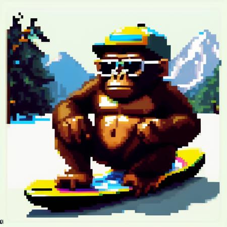 a monkey with a cap and sunglasses snowboarding in colorado, <lora:PixelMonke:0.8> pixelmonke, pixel art, white background