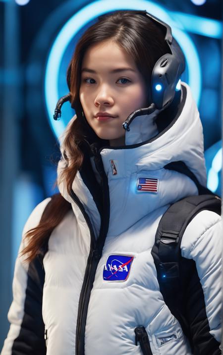 1girl, down Jacket, puff, fashionable style, Casual style, A science fiction space setting, NASA logo, microsomia, Fine facial details, Futuristic design, octane render, Exquisite facial features, 150 mm, beautiful studio soft light, rim light, vibrant details, hyperrealistic, elegant, beautiful background, 8k, best quality, 