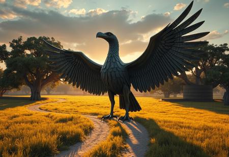 epic details A colossal, imposing bird sculpture, crafted from weathered metal & aged wood, wings dramatically spread, head turned left, poised in a vast grassy field. Surrounded by a winding dirt path, ancient trees form a natural backdrop. Cinematic golden hour lighting, volumetric rays, rich harmonious palette. Ultra-detailed, intricate textures, sharp focus. Matte painting quality. Masterpiece composition, creative angle, Golden Ratio. Octane Render, Unreal Engine 5, Houdini Style, CGSociety, trending on Artstation.