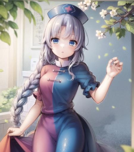 <lora:yagokoro_eirin:1>, 1girl, yagokoro eirin, multicolored clothes, nurse cap, nurse, red dress, blue dress,  bamboo forest, standing ,<lora:pjrmhm_coa:0.9>