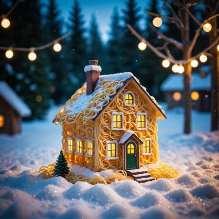 photo, selective focus, miniature effect, bokeh, highly detailed, vibrant, perspective control, natural tilt shot, christmas house made of spagetti, macro photography, (enchanting:1.3), (luminous:1.2), (oversized flora:1.1), mystical, magical, vibrant photography, shimmering light, dreamy, whimsical, serene, soft-focus, hyper-detailed digital art, made of spagetti,snow, winter