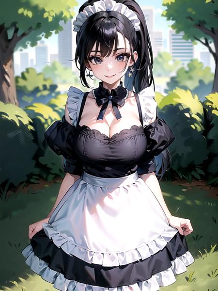 (narberal gamma),  (masterpiece:1.3),  (maid dress), (long skirt),  1girl,  solo,  eye focus,  (1girl),  (solo),  cowboy_shot,  beautiful detailed eyes,  symmetric eyes,  narrow eyes,  (black eyes),  expressive eyes,  pretty eyelashes,  glossy eyes,  (black hair),  (high ponytail),  1girl,  evil smile,  looking_at_viewer,  (large breasts),  cleavage,  (park),  scenery,  trees night, maid, maid_dress, <lora:EMS-46209-EMS:0.700000>