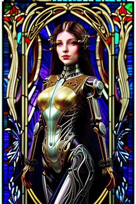 A humanoid AI represented in Art Nouveau style, with intricate, flowing lines and decorative patterns. She has a serene expression, her hair a cascade of metallic threads intertwined with floral motifs. Her body is partly robotic, with gold and pearl accents, seamlessly blending with organic forms. The background is a stained-glass-style design, featuring celestial and floral imagery. Art style: detailed, ornamental, and vintage-inspired."