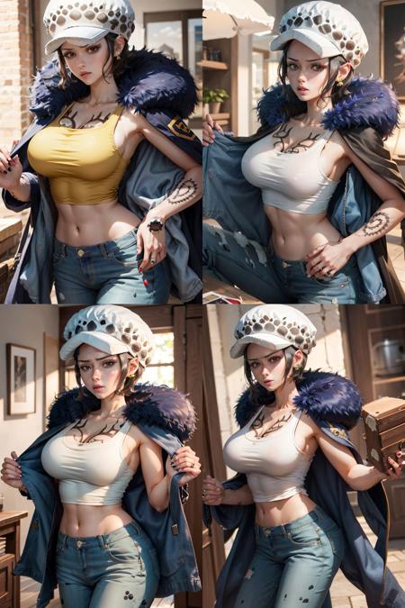 masterpiece,best quality,8k,highestres,absurdres, extremely detailed,
femlaw, solo, looking at viewer, short hair, large breasts, hat, navel, holding, cleavage, collarbone, earrings, midriff, pants,coat, fur trim, denim, jeans, fur-trimmed coat, coat on shoulders,  yellow tank top,///,<law <lora:Trafalgar_lawV55-10:0.8>