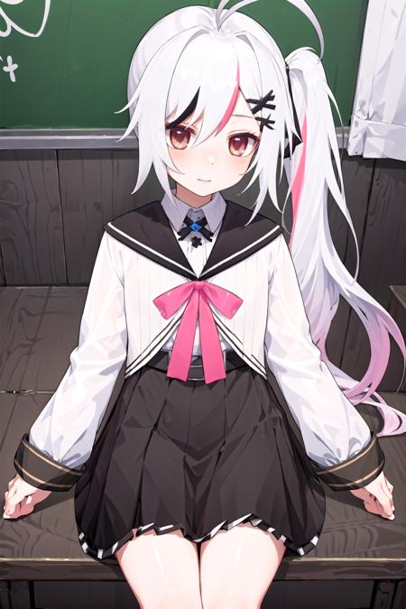 (masterpiece, best quality), 1girl, solo, classroom
<lora:koxiaVR_all:0.7>, koxia-uniform, multicolored hair, side ponytail, sitting, hair ornament, white shirt