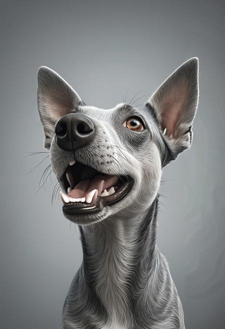 3d rendering of a dog looking up, in the style of surrealistic cartoons, layered fibers, gray, characterful animal portraits, #film, playful caricature, i can't believe how beautiful this is