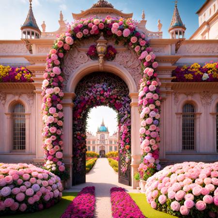 photo (FlowerGateway style:1) the entrance to a palace with lots of flowers growing out of it <lora:djzFlowerGatewayV21:1>