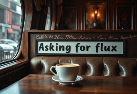 4k, 8k, 16k, FHD, extremely detailed, highly detailed, absurdres, high definition, score_9, score_8_up, score_7_up, masterpiece, ultra detailed, best quality, Saloon coffee with the text on a panel "Asking for flux"