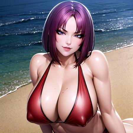 mature female, titfuck, ahegao, boy, dick, red bikini, purple hair, short hair, large breasts, (narrow waist:1.1), cleavage, perfect body, (athletic body:1.1), soft skin, anime face, perfect face, perfect eyes, (purple iris:1.1), round iris, anime eyes, smoky eyeliner, eyeshadow, plump cheeks, asian, plump lips, smirking, smug facial expression, (beach background:1.1), looking at viewer, sharp focus, intricate details, perfect quality, masterpiece painting, professional artwork, cinematic lighting, ultra detailed body, ultra detail hair, ultra detail face, trending on pixiv, by Kagami Hirotaka, by Harue Koga, <lora:Oboro_Taimanin_v1:0.8>,