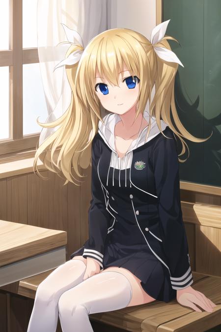 masterpiece, best quality, ultra-detailed, 1 girl, Arimura, blonde hair, blue eyes, hair ribbon, white ribbon, school uniform, sitting,thighhighs, white thighhighs,