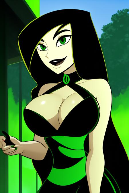 shego, 1girl, long_hair, breasts, smile, open_mouth, large_breasts, black_hair, dress, cleavage, bare_shoulders, medium_breasts, very_long_hair, green_eyes, nail_polish, black_dress, makeup, colored_skin, outdoor, eyeshadow