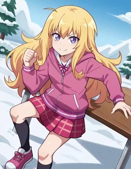 <lora:gabriel-tenma-white-s1-ponyxl-lora-nochekaiser:1>, gabriel tenma white, long hair, blonde hair, purple eyes, ahoge, skirt, school uniform, jacket, shoes, socks, hood, plaid, hoodie, plaid skirt, black socks, pink hoodie,