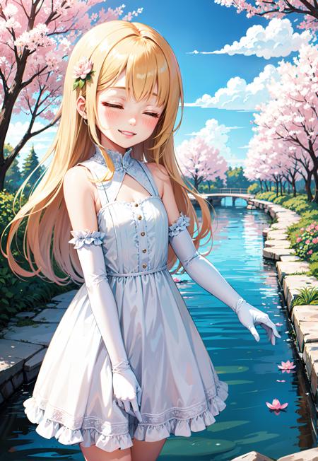 1girl, masterpiece, (detailed background), cowboy shot,
japanese bridge, soribashi, sakura trees, sakura blossoms, stream, rocks, wildflowers, lotus flower, clouds,
long hair, golden hair, smiling, squinting, closed eyes, flower in hair, eyelashes, eyeliner, nose blush, white gloves, elbow gloves, frilly gloves,
white sundress,