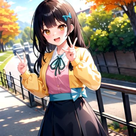 <lora:Yanagiba-10:0.7>, wdspanda, blush, smile, open mouth, skirt, shirt, long sleeves, bow, ribbon, holding, jacket, white shirt, :d, hair bow, outdoors, open clothes, day, collared shirt, blunt bangs, black skirt, open jacket, tree, neck ribbon, blue bow, green bow, autumn leaves, yellow jacket, aqua bow