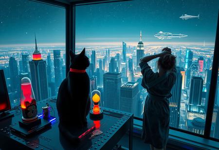 A sleek black cat with red collar sits on a cluttered metal riveted desk with transparent top and rgb led computer components visible inside, On the desk are a maneki neko statue and a lava lamp, the Black Cat is looking out of a seamless and futuristic floor to ceiling window that looks out at thousands of enormous wide and tall futuristic skyscrapers from a large window in a descending spaceship, (((a beautiful woman, 24 years old, is standing next to the cat looking at the city is stretching with arms behind her head, the view out the window is an enormous city at night composed of enormous buildings of varying futuristic art deco design, the city filled with buildings of many shapes and sizes, some over a mile tall))), the woman is dressed in an ornate Japanese style bath robe. An enormous deco starship with futuristic lighting and design is visible high above the city, and a space station is visible in the background among the stars, The woman's hair is messy from just waking up and tied up with a ribbon. Artistic cyberpunk, dynamic perspective, (((overall architectural aesthetic is Art Deco Cyberpunk))).  (((A large futuristic building shaped like a torii gate stands among the enormous tokyo structures,)))
