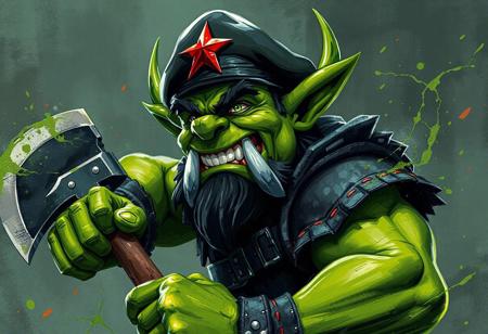 A detailed, a Recycle-ork , a unique orc in a black beret with a red star, wielding an axe. Set in the Toon World, this 1988-inspired masterpiece boasts a striking green and black color scheme, harmonious splashes of vivid color, and a dynamic action pose. Enhanced with warp lightning, sharp lines, and brush strokes, this high-res, 4K artwork is a blend of contemporary aesthetics, Raphael style, and Houdini techniques, embodying a powerful message through vivid emotions, intentional focus, and breathtaking, hyperrealistic details. Found on ffffound, created by Mark Miner, and showcased on ArtstationHQ, this masterpiece embodies the Golden Ratio.