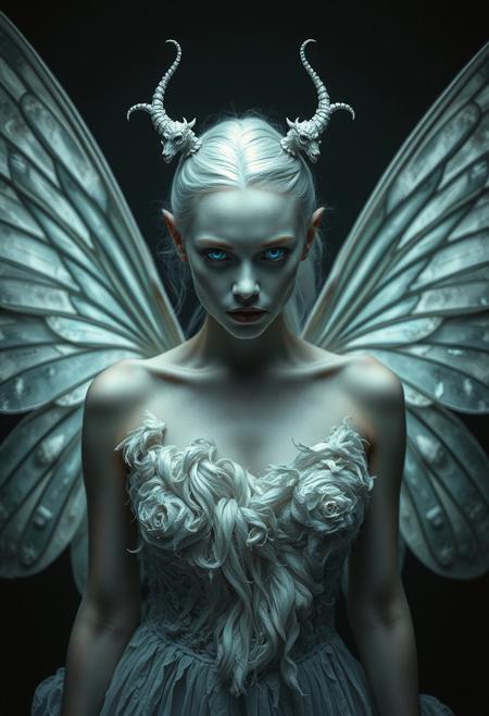 An evocative dark fantasy photography. The central figure is a once-elegant albino fairy, her skin is white silk  now corrupted by sinister forces. She has buterfly wings like attributes, a pale complexion, glowing blue eyes. Her once-lush attire is now tattered and overgrown with the transparency  that she once represented. The background is dark and foreboding, reflecting the fairy's lost beauty and anger. The overall atmosphere is cinematic and conceptual, immersing the viewer in a world of dark fantasy., cinematic, dark fantasy