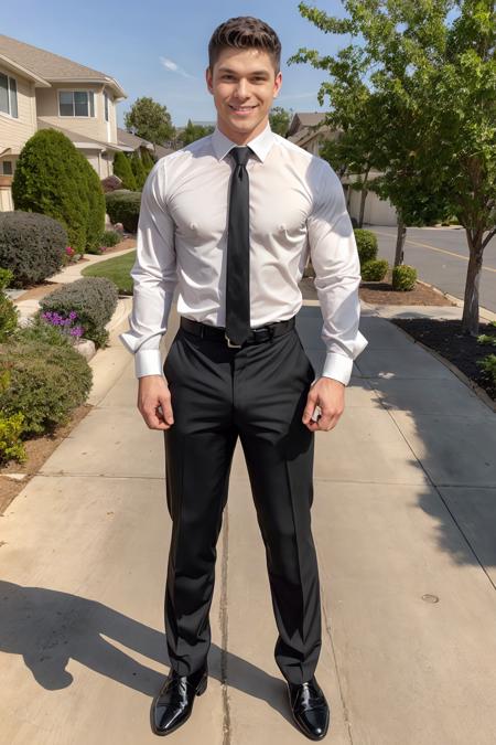 standing on a sidewalk in a suburban neighborhood, holding a Bible, pious smile, wholesome DevinFranco is a Mormon missionary, wearing white dress shirt, (narrow black tie), dress slacks, dress shoes, (((full body portrait))), wide angle,  <lora:DevinFranco-000006:0.8>